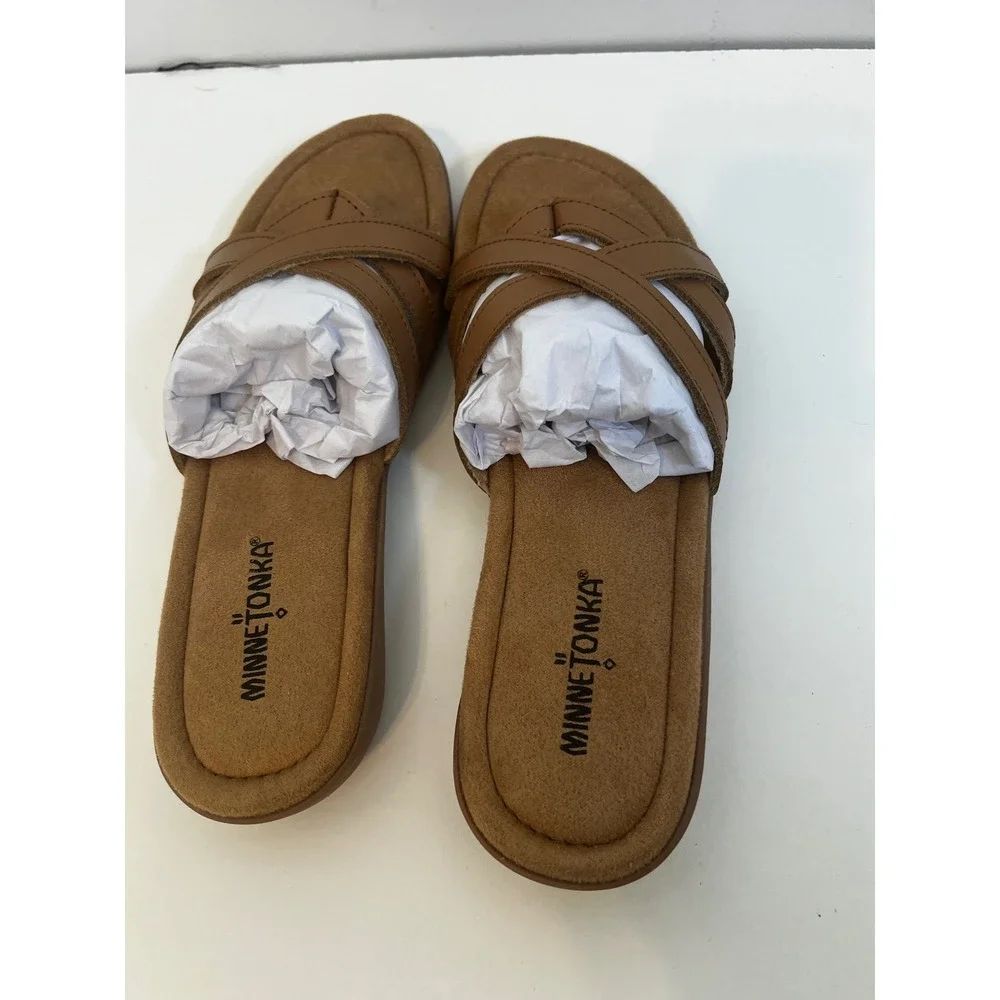 Minnetonka Sunny Thong Womens 9N Brown Leather Crisscross Strap‎ Sandals NIB